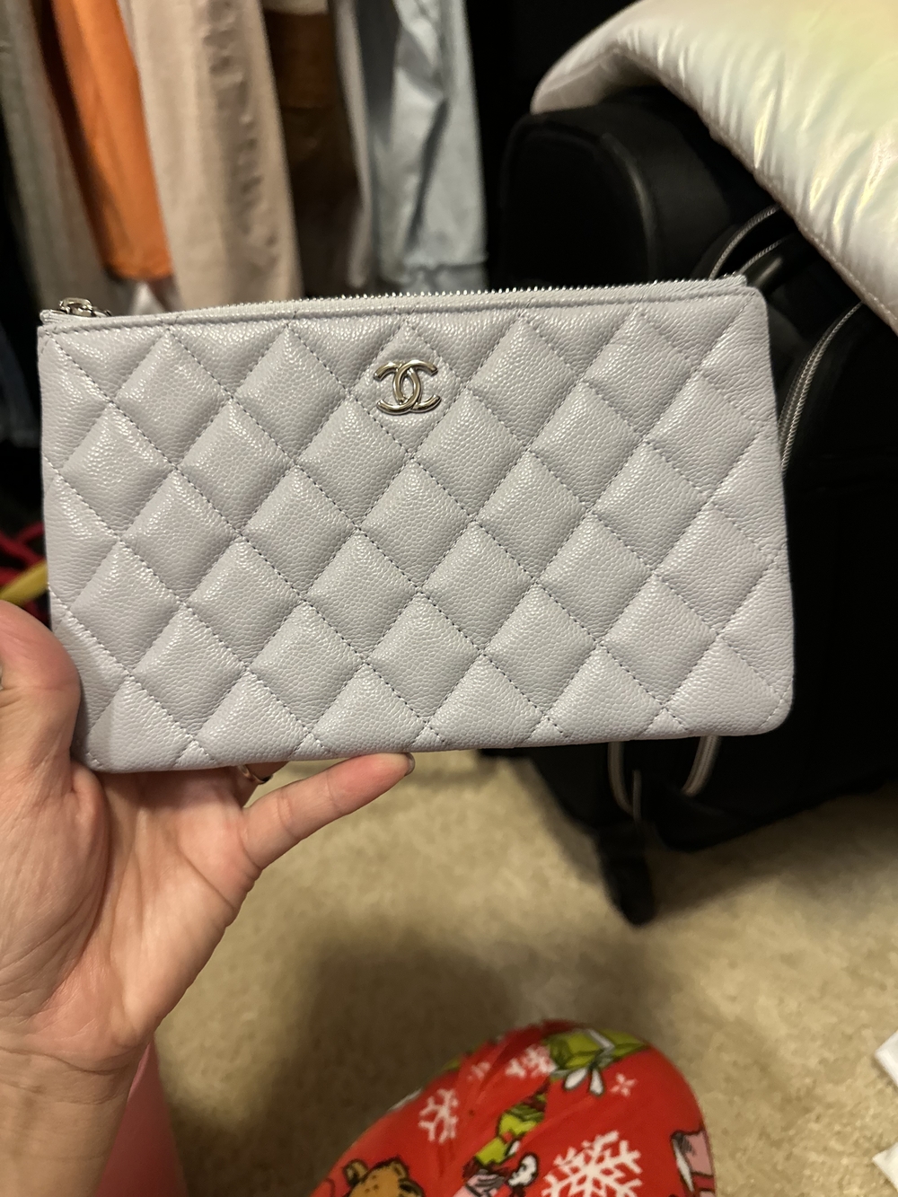 CHANEL Quilted Caviar Leather Zip Pouch in Pale Gray